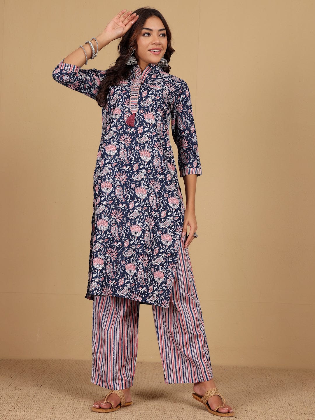 Varanga Women Ethnic Floral Printed Mandarin Collar Kurta With Stripper Trouser & Dupatta