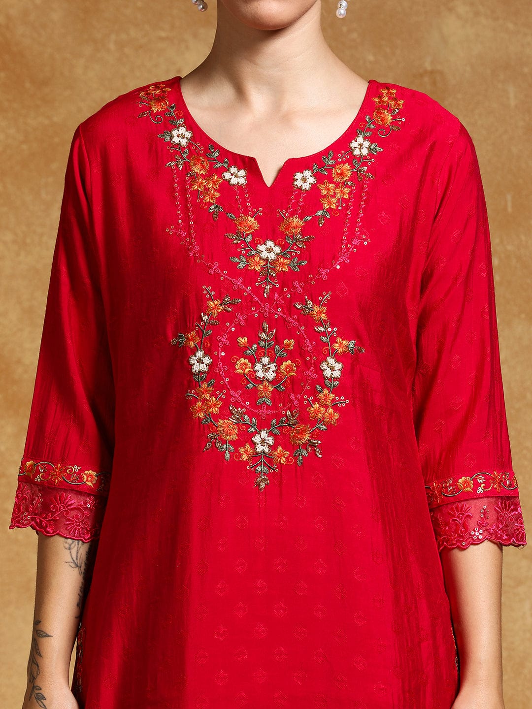 Varanga Women Floral Motif Thread Embroidered Yoke Kurta with Trouser & Dupatta