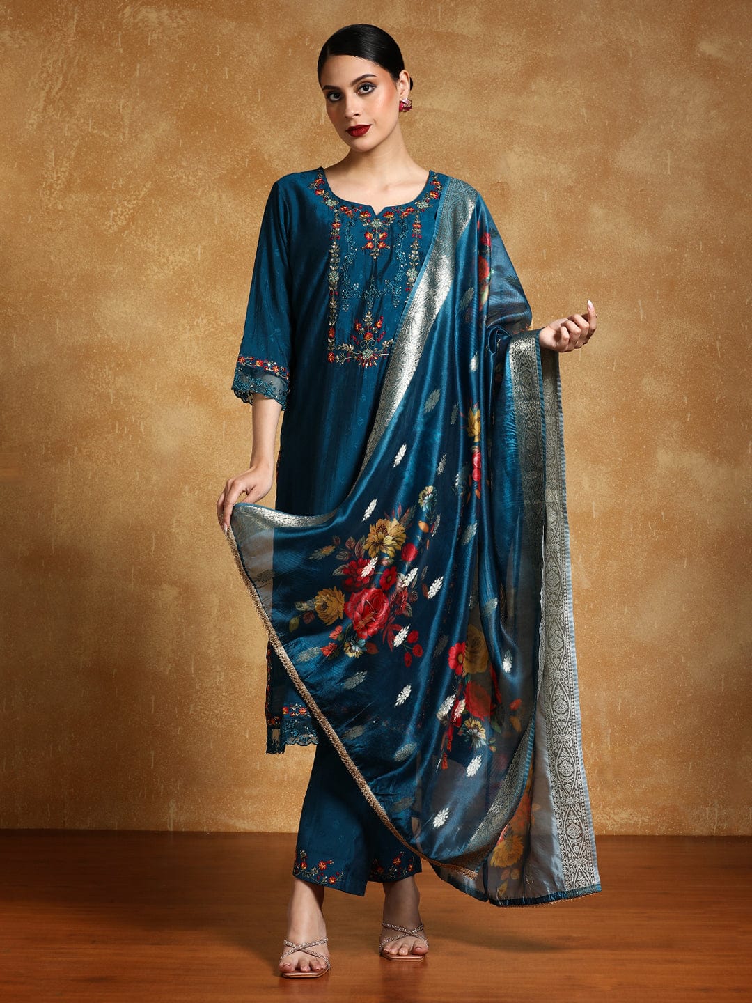 Varanga Women Floral Motif Thread Embroidered Yoke Kurta with Trouser & Dupatta