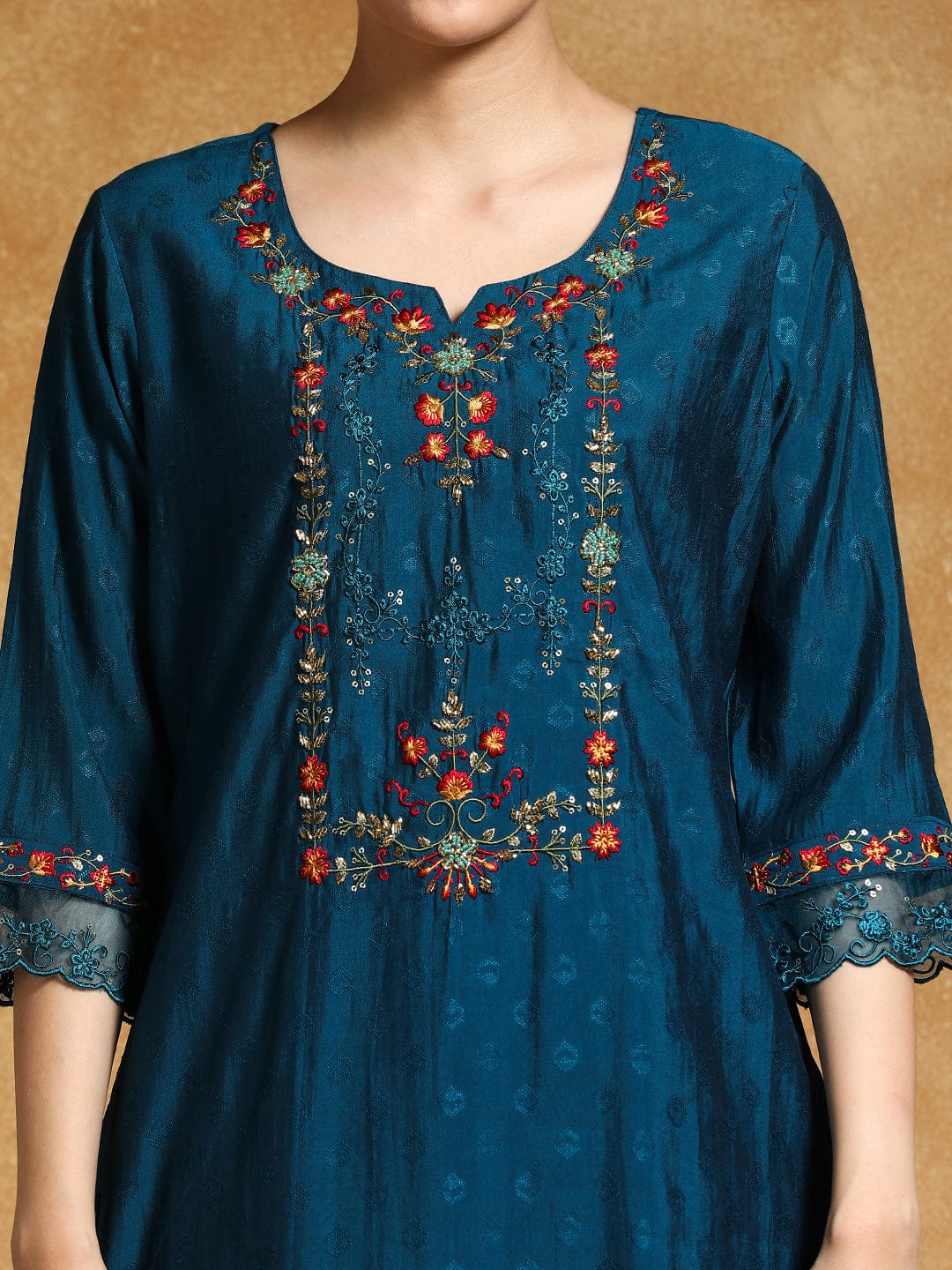 Varanga Women Floral Motif Thread Embroidered Yoke Kurta with Trouser & Dupatta