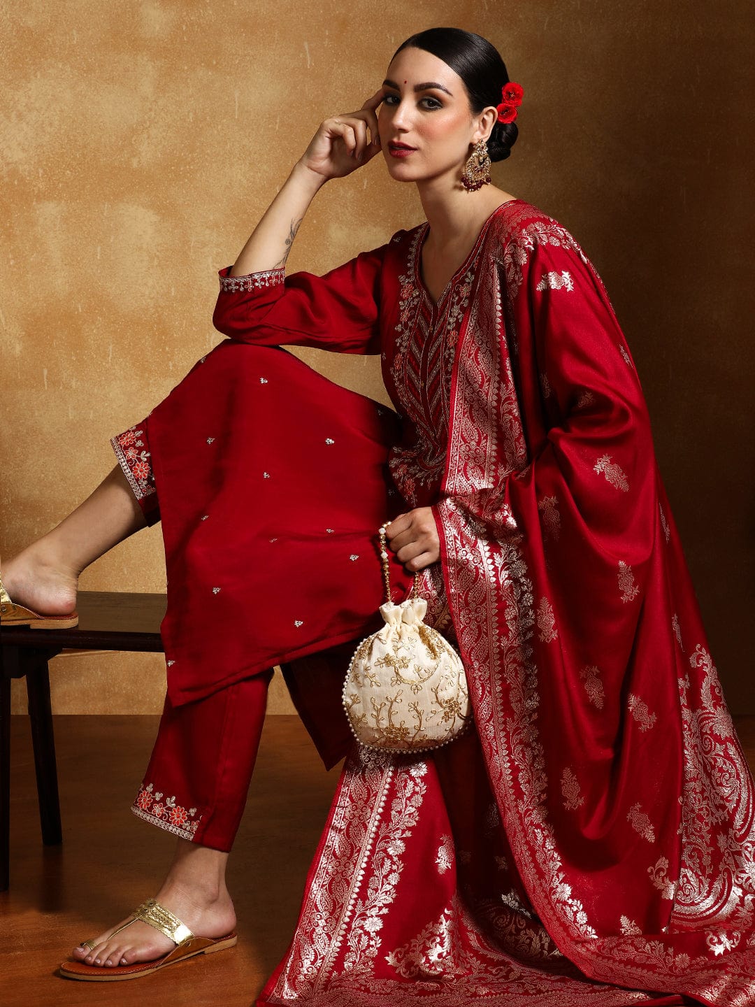 Varanga Women Zari Embroidered Yoke with All Over Floral Motif Buta Kurta with Trouser & Dupatta