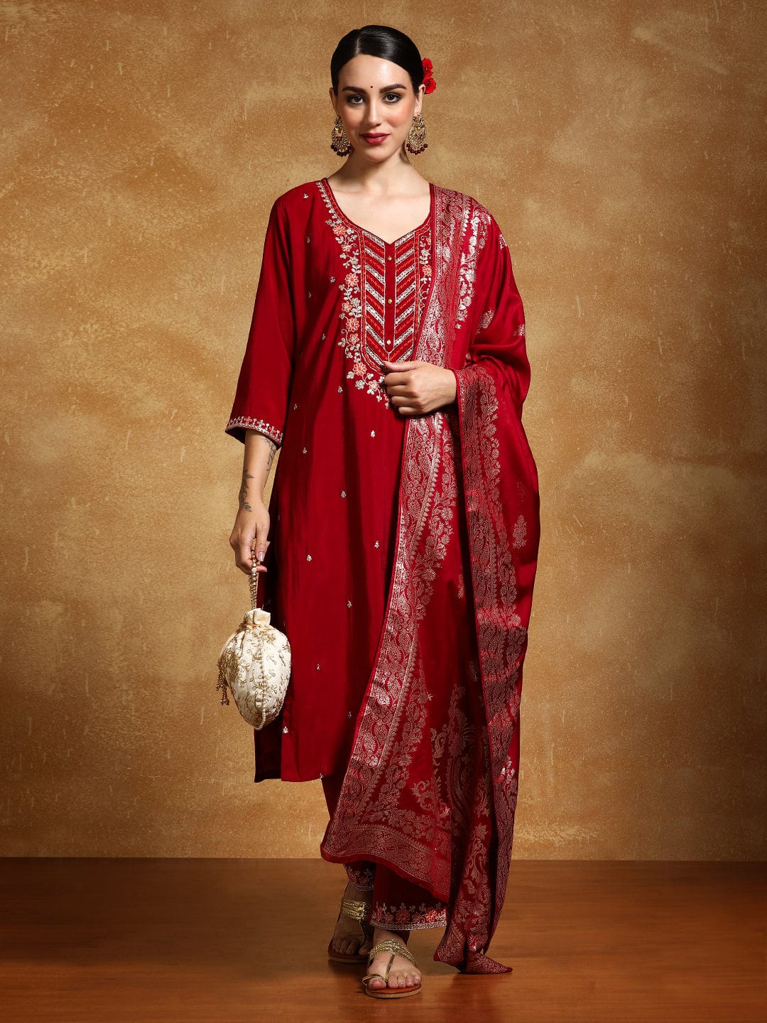 Varanga Women Zari Embroidered Yoke with All Over Floral Motif Buta Kurta with Trouser & Dupatta