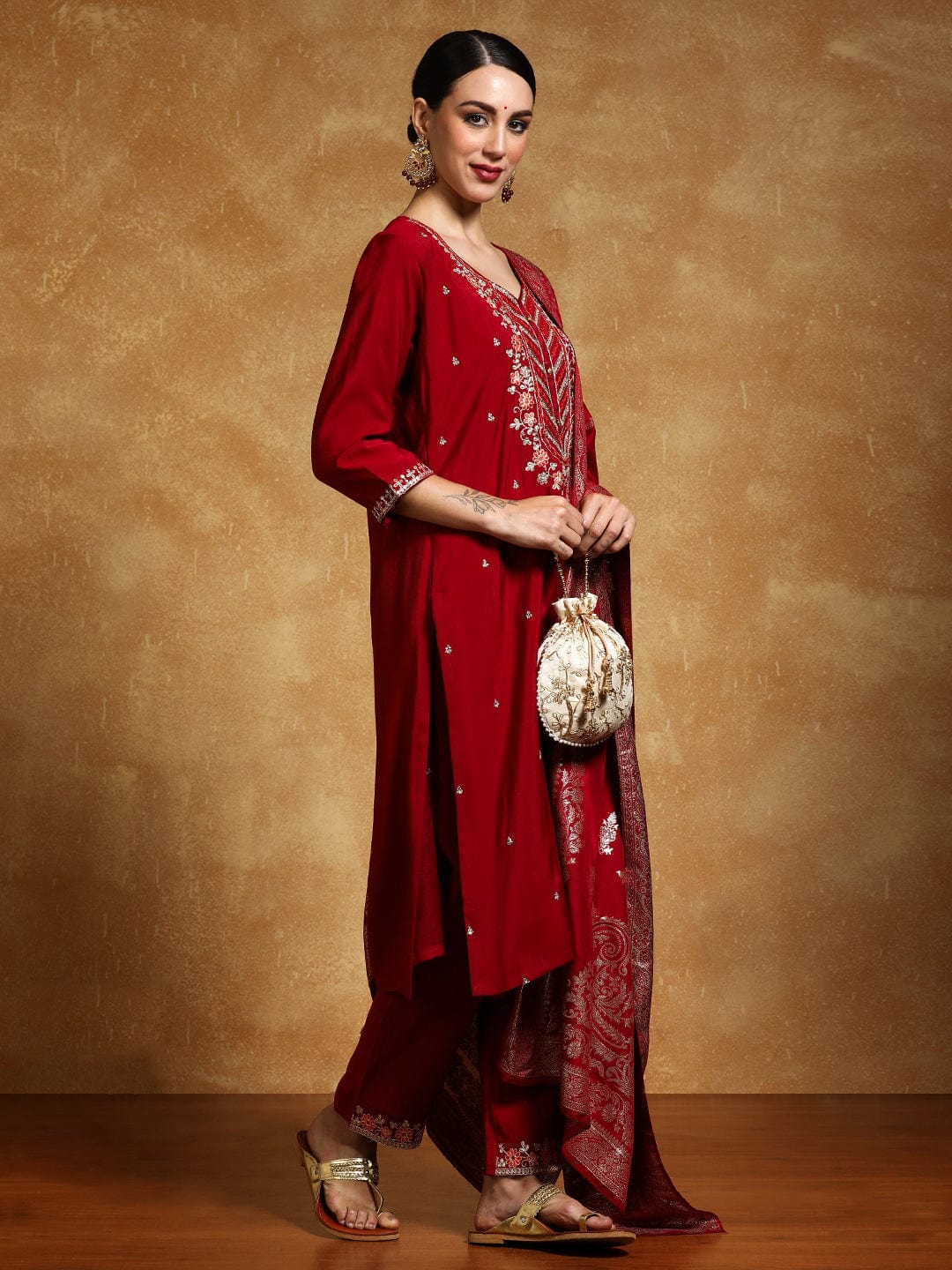 Varanga Women Zari Embroidered Yoke with All Over Floral Motif Buta Kurta with Trouser & Dupatta
