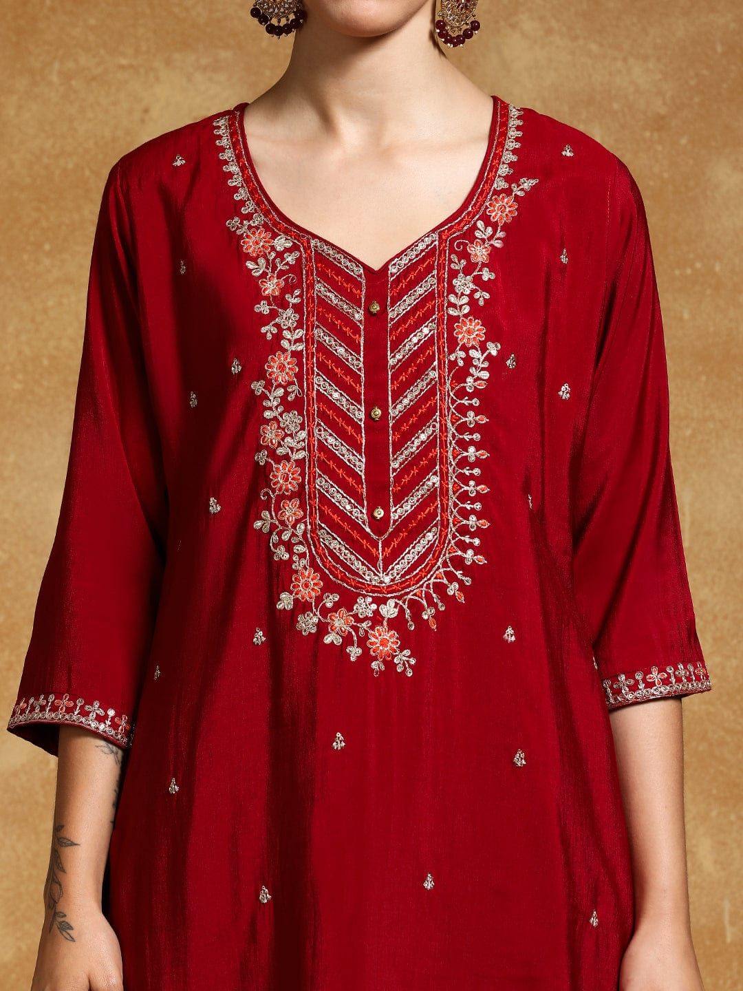 Varanga Women Zari Embroidered Yoke with All Over Floral Motif Buta Kurta with Trouser & Dupatta