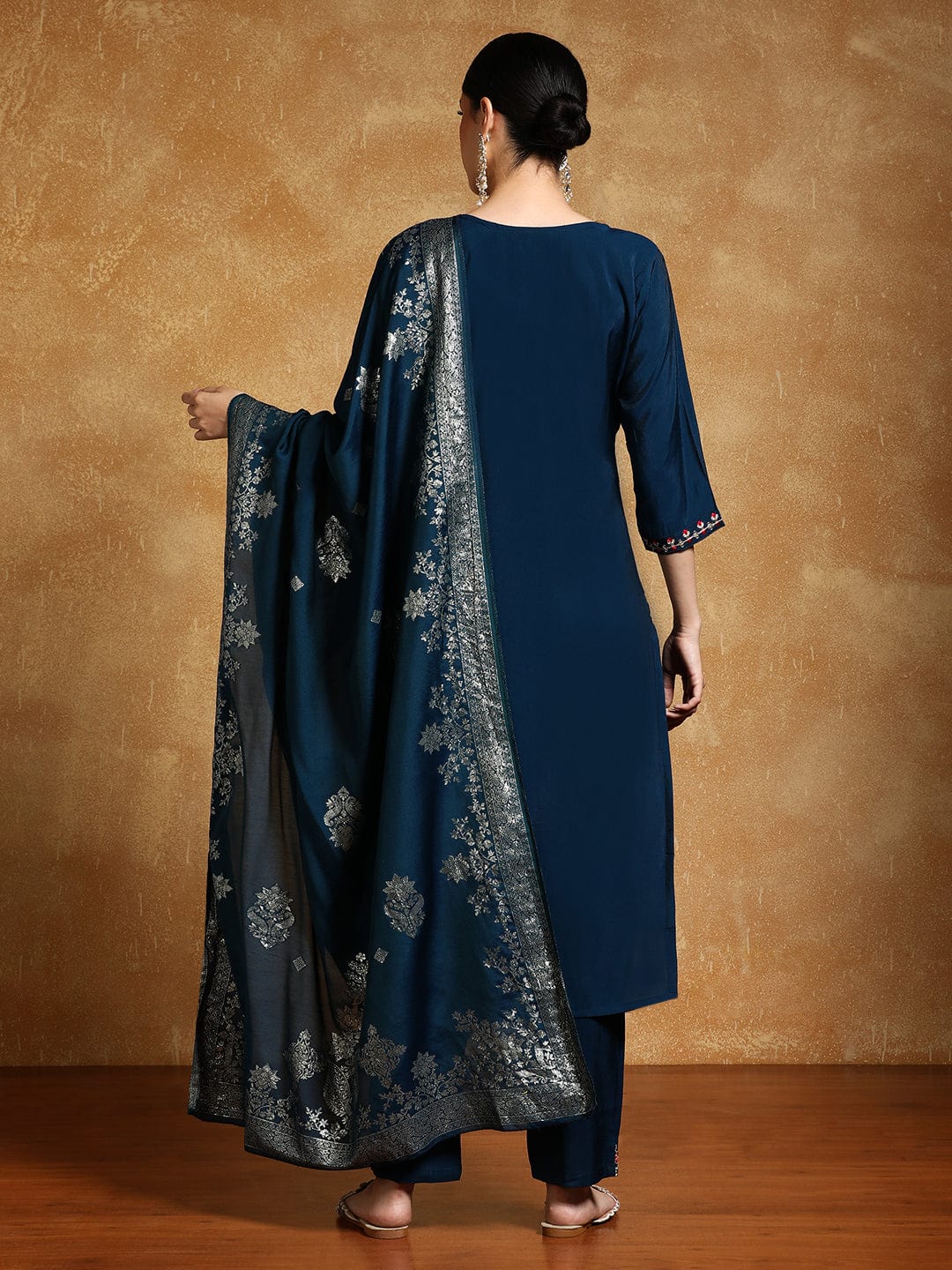 Varanga Women Zari Embroidered Yoke with All Over Floral Motif Buta Kurta with Trouser & Dupatta