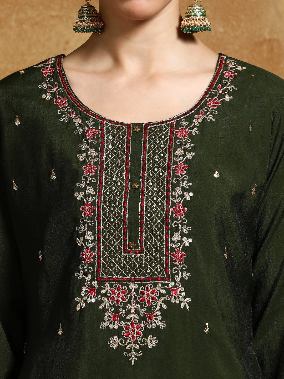 Varanga Women Zari Embroidered Yoke with All Over Floral Motif Buta Kurta with Trouser & Dupatta