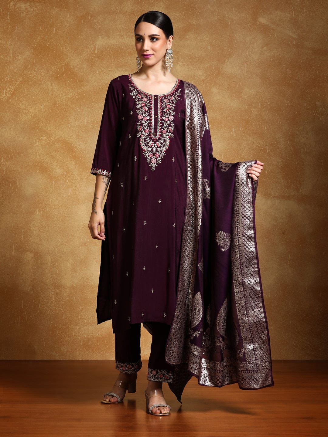 Varanga Women Zari Embroidered Yoke with All Over Floral Motif Buta Kurta with Trouser & Dupatta