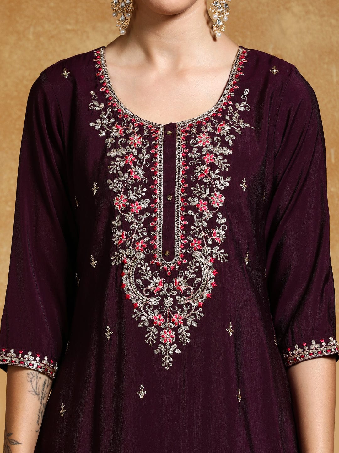 Varanga Women Zari Embroidered Yoke with All Over Floral Motif Buta Kurta with Trouser & Dupatta