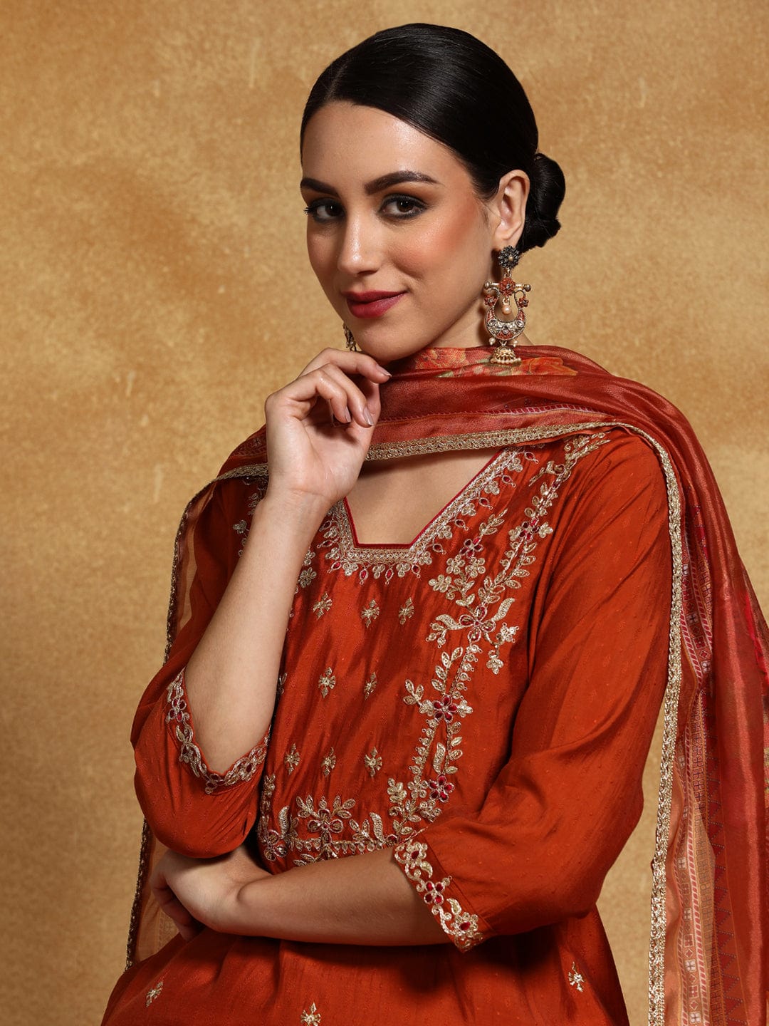 Varanga Women Zari Embroidered Yoke with all over Floral Motif Buta Kurta with Trouser & Dupatta