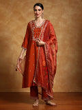Varanga Women Zari Embroidered Yoke with all over Floral Motif Buta Kurta with Trouser & Dupatta