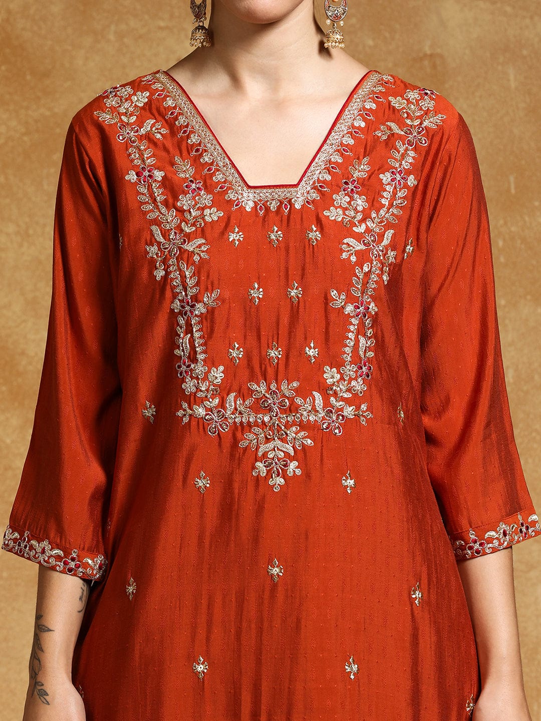 Varanga Women Zari Embroidered Yoke with all over Floral Motif Buta Kurta with Trouser & Dupatta