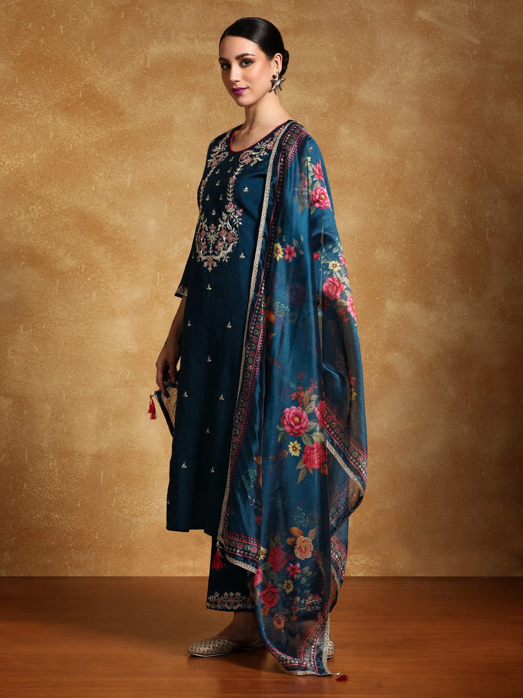 Varanga Women Zari Embroidered Yoke with all over Floral Motif Buta Kurta with Trouser & Dupatta