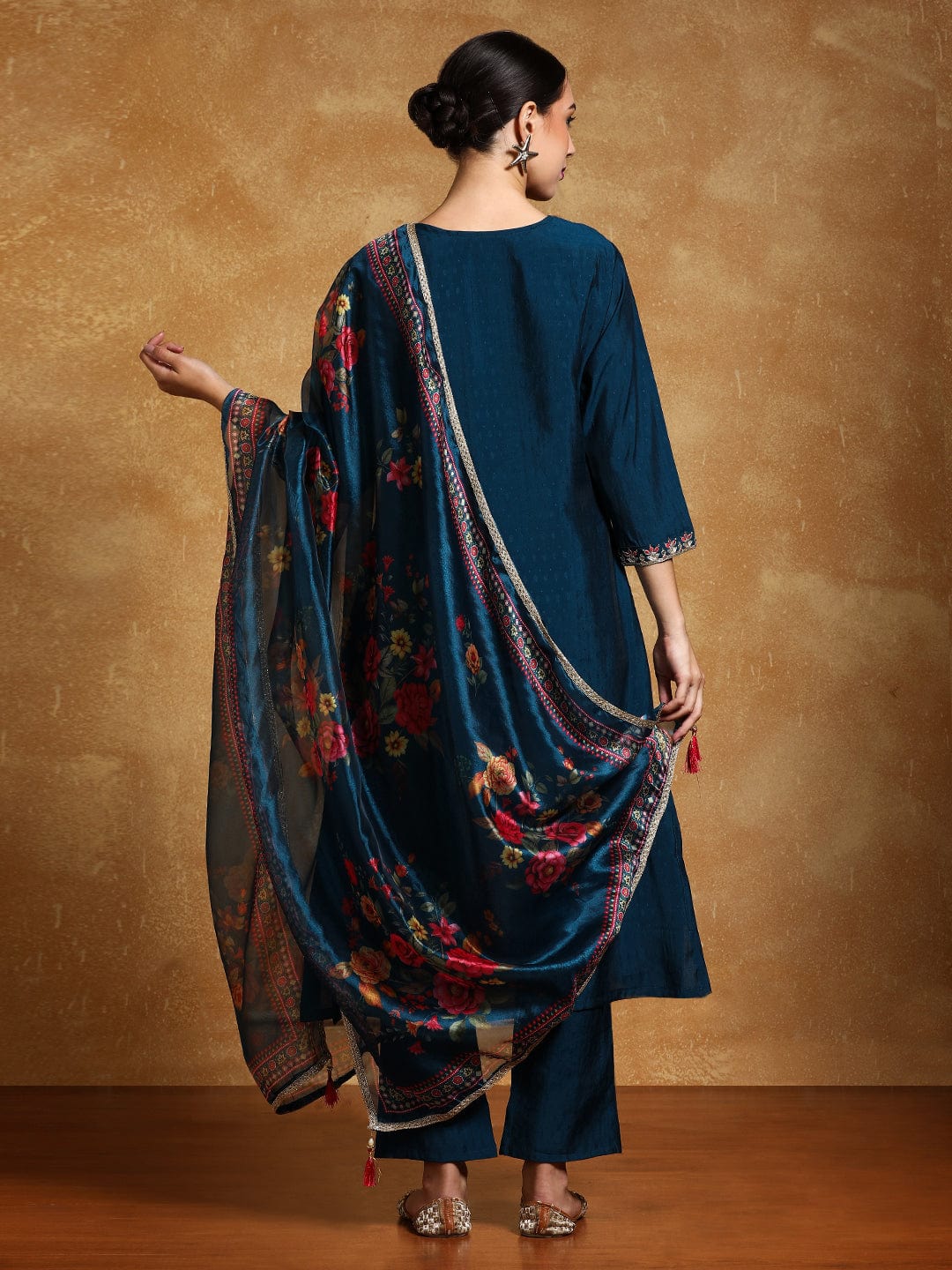 Varanga Women Zari Embroidered Yoke with all over Floral Motif Buta Kurta with Trouser & Dupatta