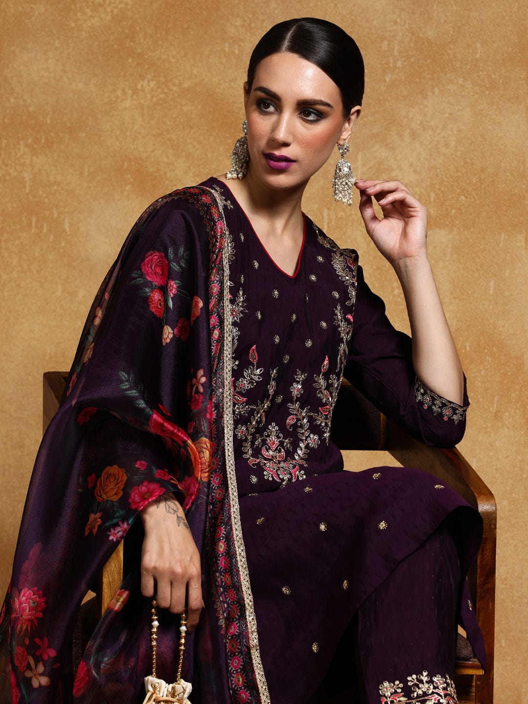 Varanga Women Zari Embroidered Yoke with all over Floral Motif Buta Kurta with Trouser & Dupatta