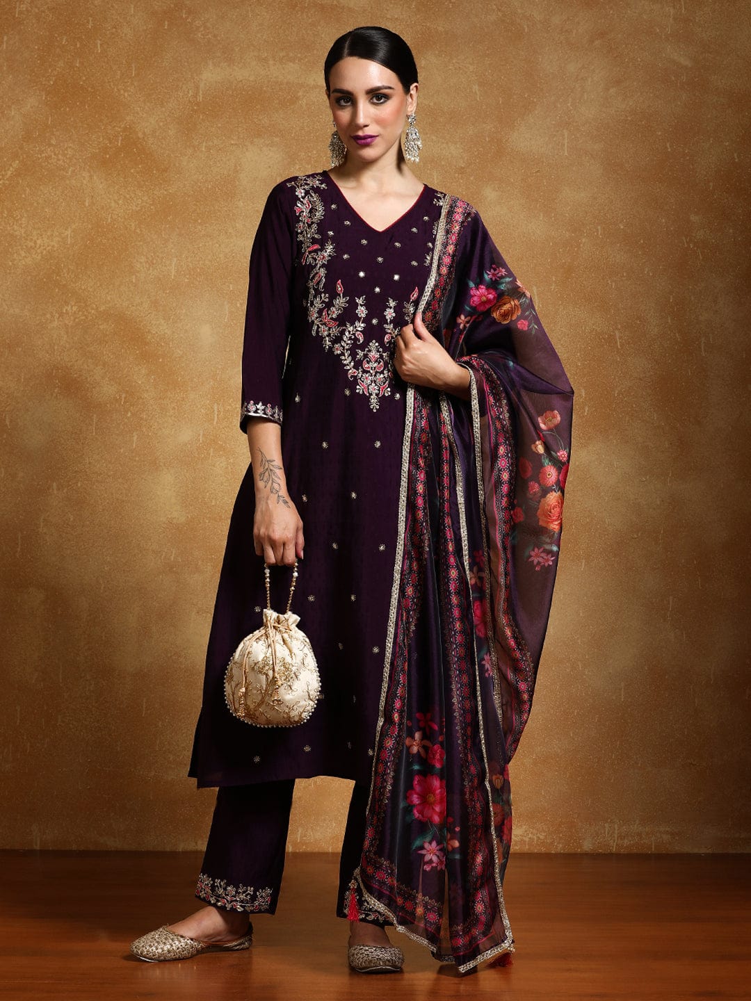 Varanga Women Zari Embroidered Yoke with all over Floral Motif Buta Kurta with Trouser & Dupatta