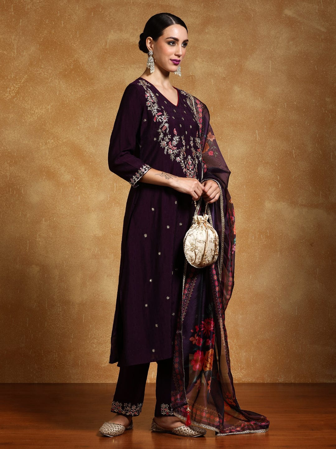 Varanga Women Zari Embroidered Yoke with all over Floral Motif Buta Kurta with Trouser & Dupatta