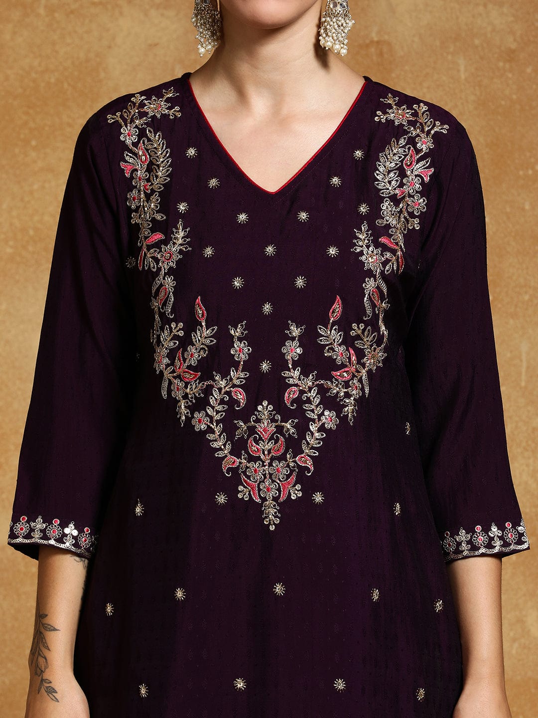 Varanga Women Zari Embroidered Yoke with all over Floral Motif Buta Kurta with Trouser & Dupatta