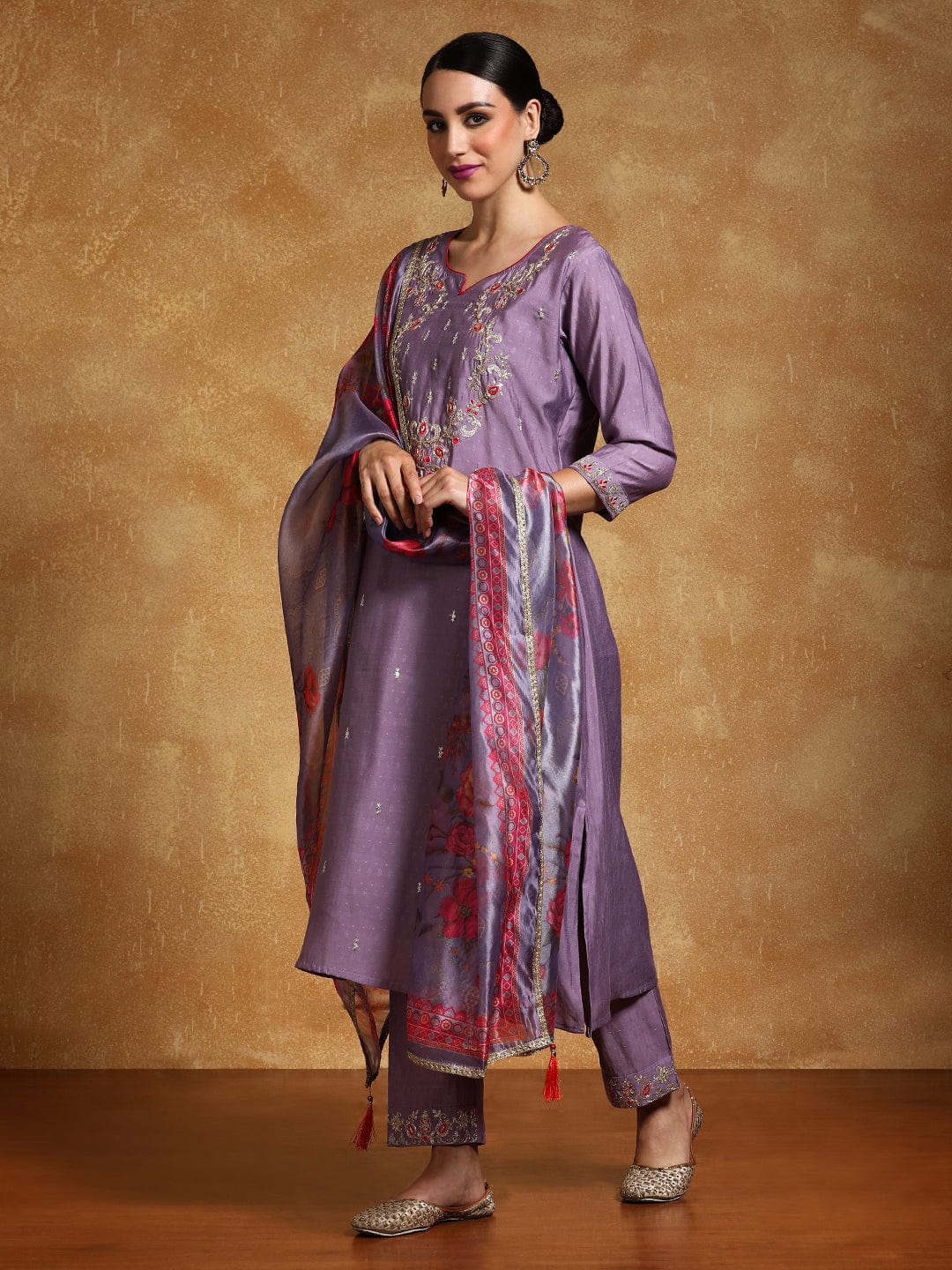 Varanga Women Zari Embroidered Yoke with All Over Floral Motif Buta Kurta with Trouser & Dupatta