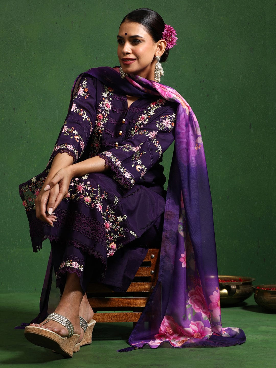Varanga Women Floral Heavy Thread Embroidered Schffili Hem Kurta With Trouser & Dupatta