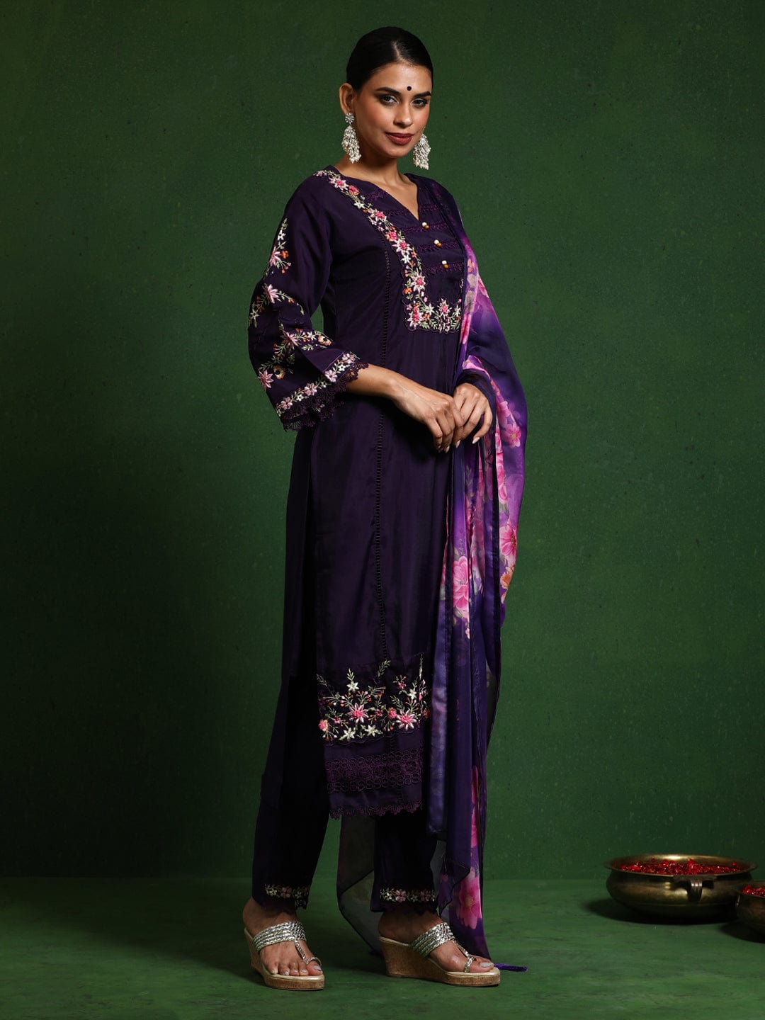 Varanga Women Floral Heavy Thread Embroidered Schffili Hem Kurta With Trouser & Dupatta