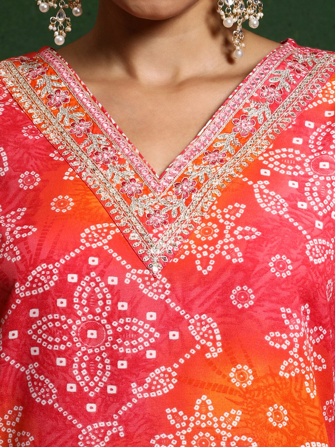 Varanga Women Bandhani Printed V Neck Kurta With Trouser & Dupatta
