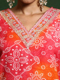 Varanga Women Bandhani Printed V Neck Kurta With Trouser & Dupatta