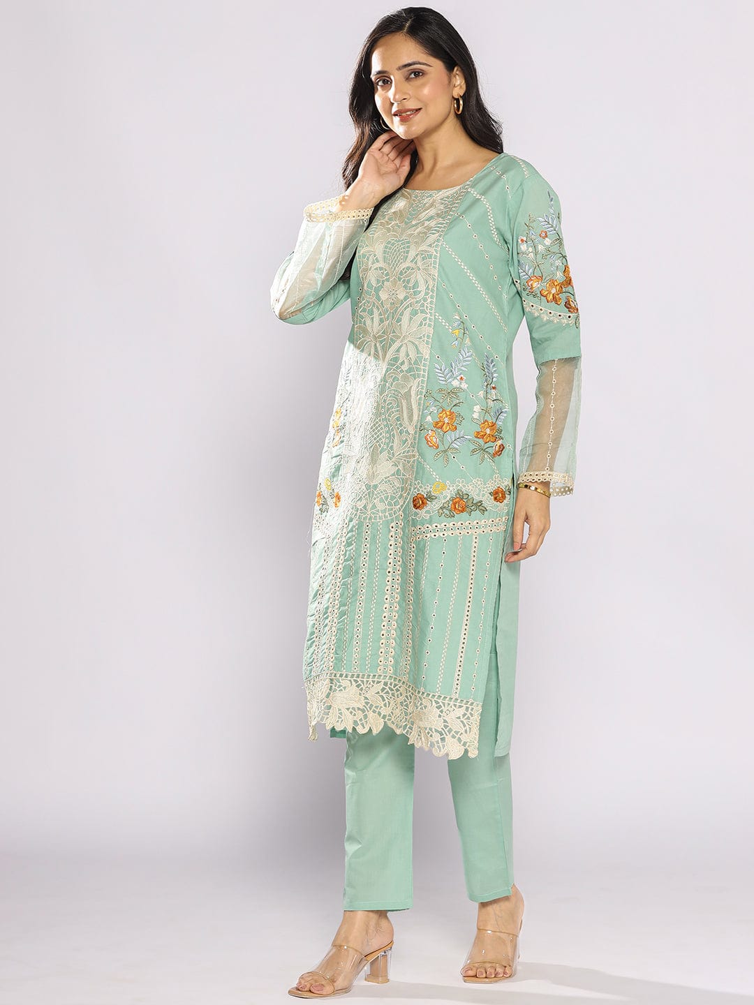 Varanga Women Floral Embroidered Cotton Straight Kurta with Trousers & Dupatta