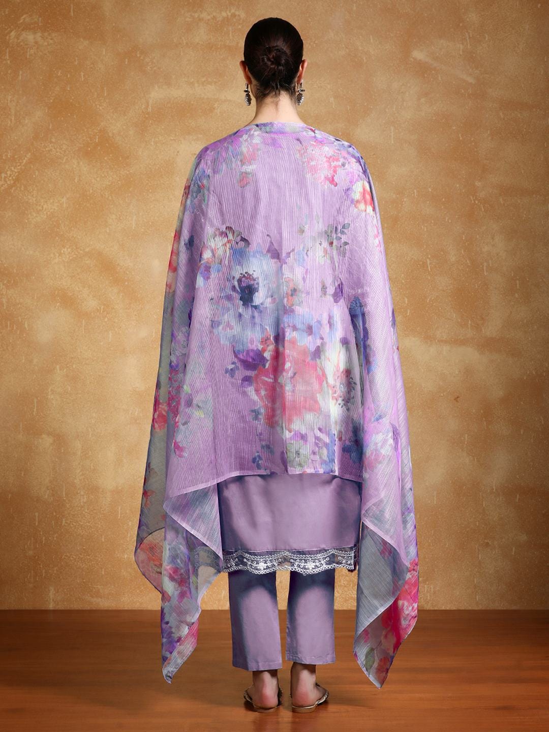 Thread Embroidered Kurta With Trouser & Floral Printed Dupatta