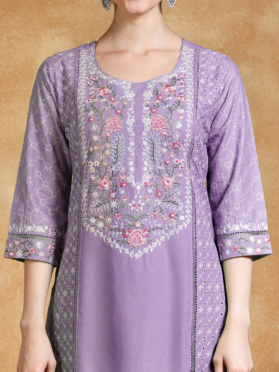 Thread Embroidered Kurta With Trouser & Floral Printed Dupatta