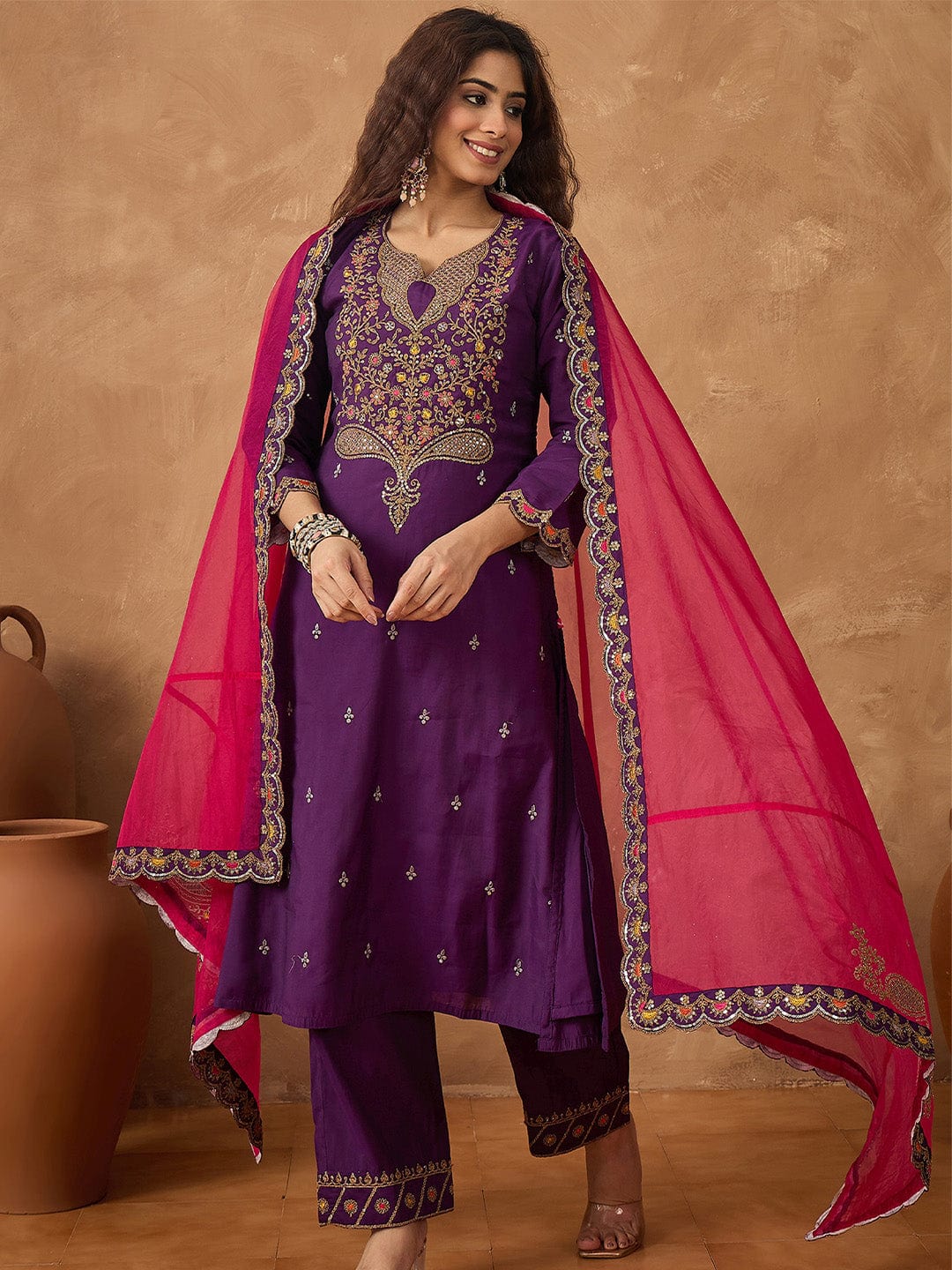 Zari Embroidered A line kurta With Trouser & contrast Dupatta