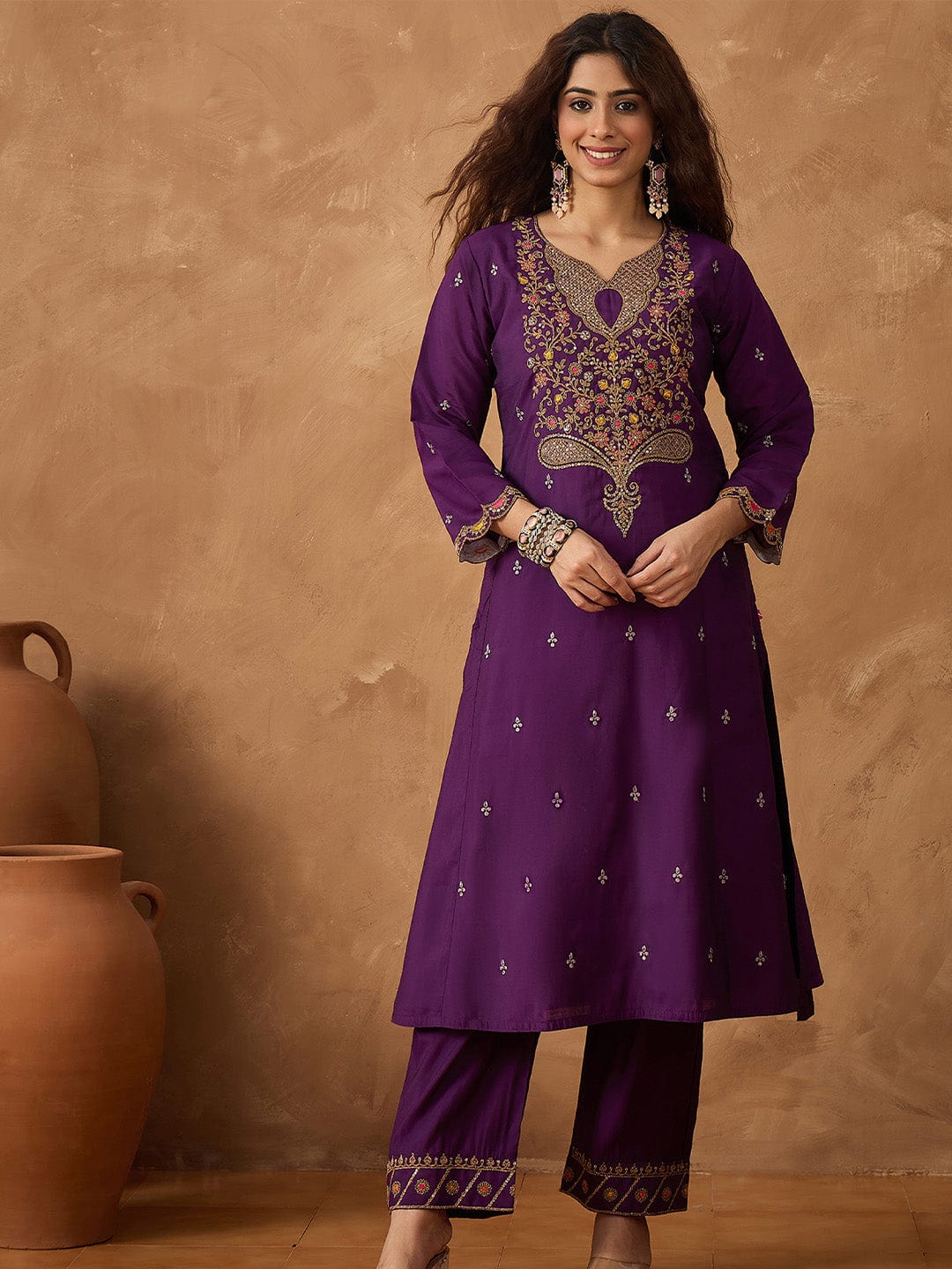 Zari Embroidered A line kurta With Trouser & contrast Dupatta