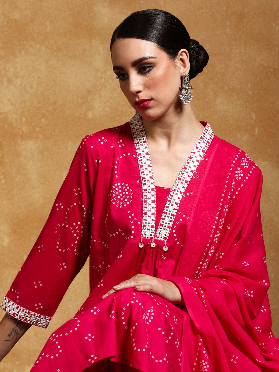 Varanga Women-Thread Embroidered Bandhani Printed Flared Kurta With Trouser & Dupatta