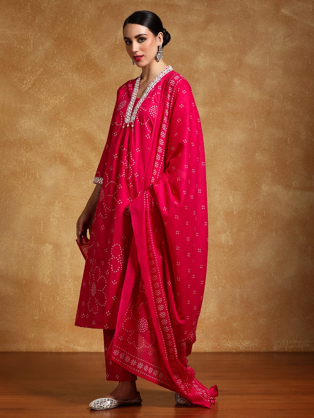 Varanga Women-Thread Embroidered Bandhani Printed Flared Kurta With Trouser & Dupatta