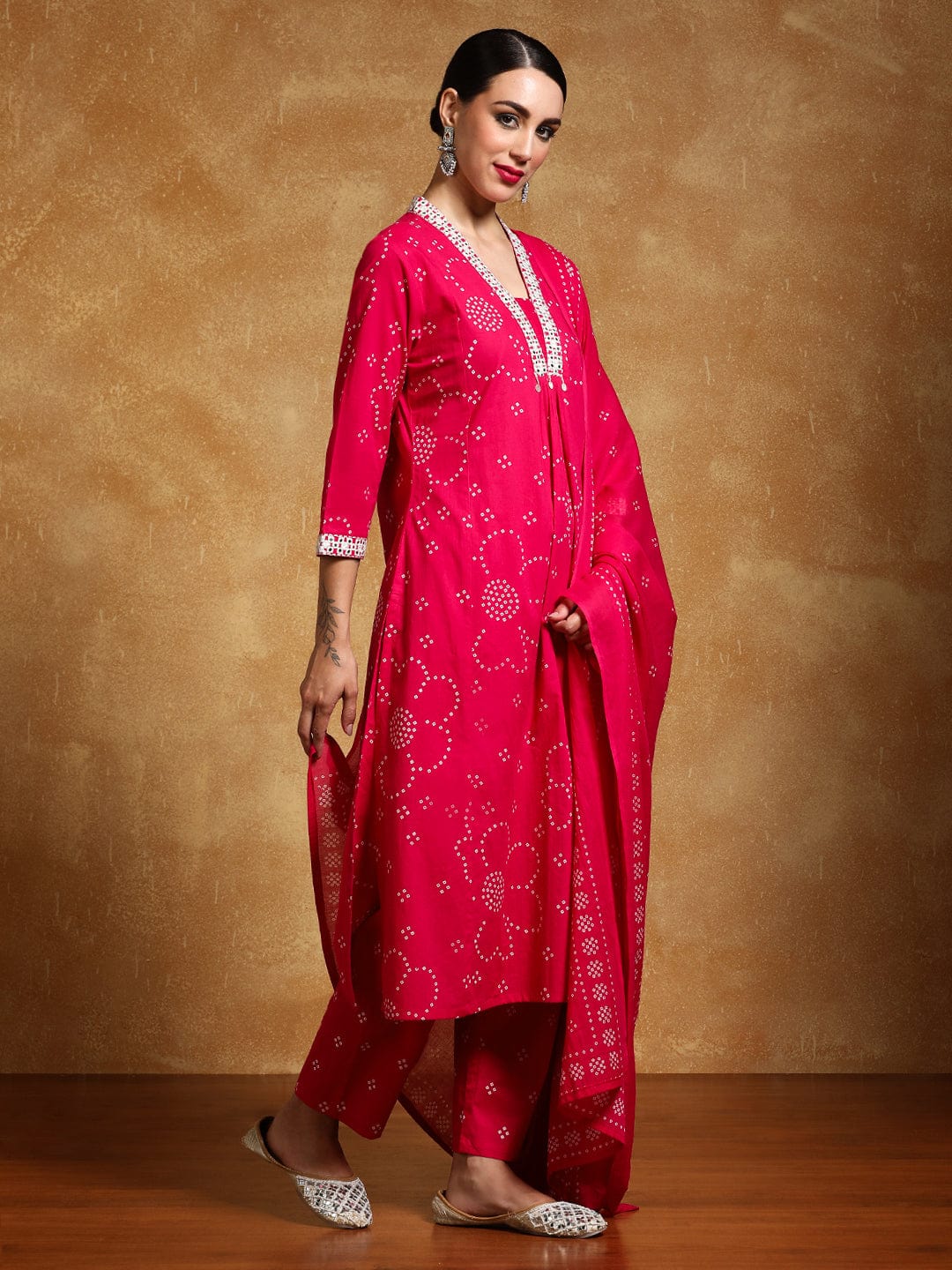 Varanga Women-Thread Embroidered Bandhani Printed Flared Kurta With Trouser & Dupatta