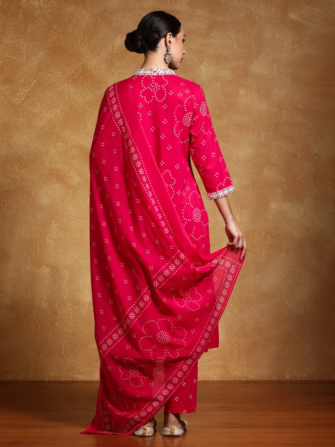 Varanga Women-Thread Embroidered Bandhani Printed Flared Kurta With Trouser & Dupatta