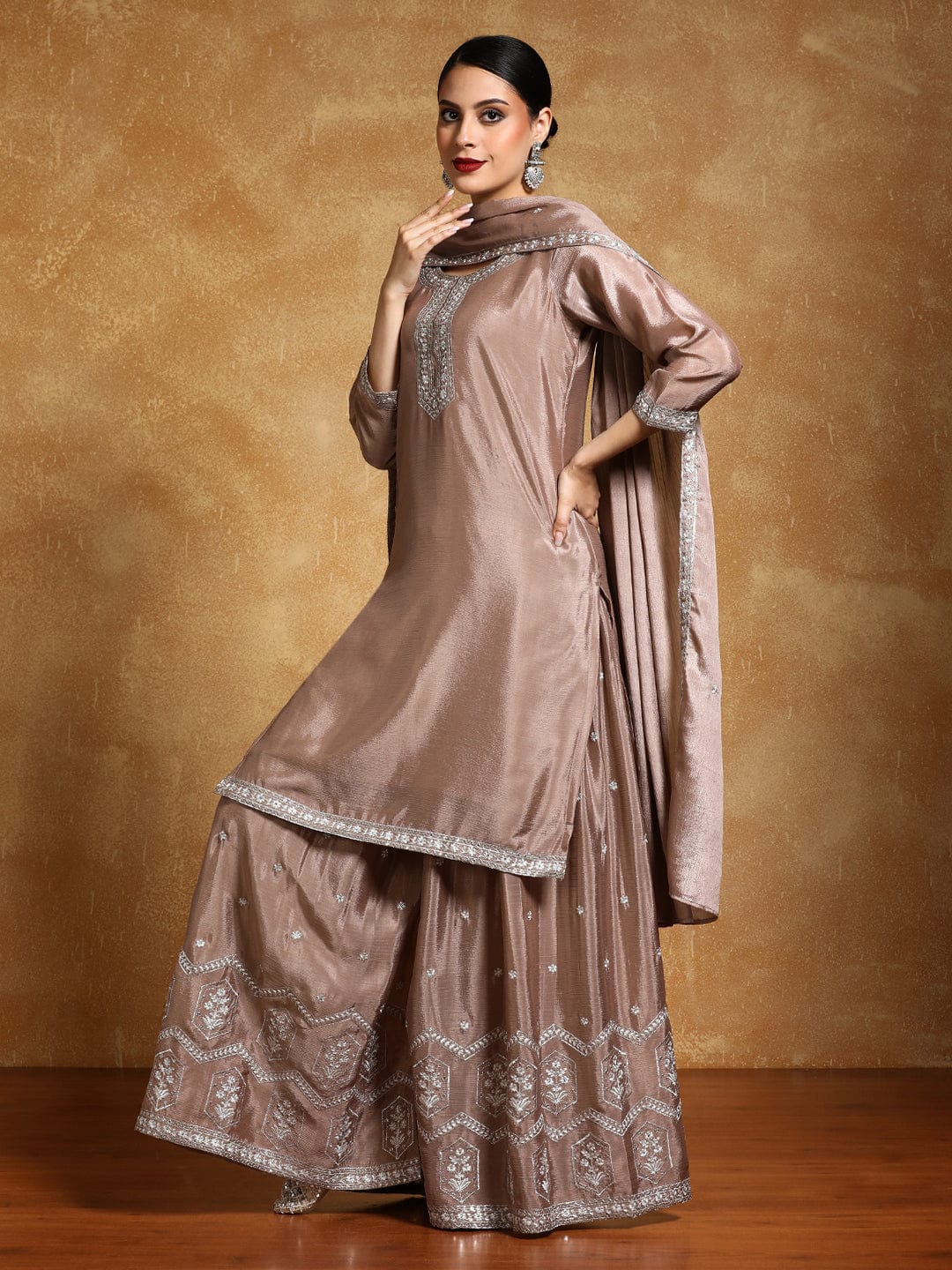 Varanga Women-Bead Work Kurta With Sharara And Dupatta