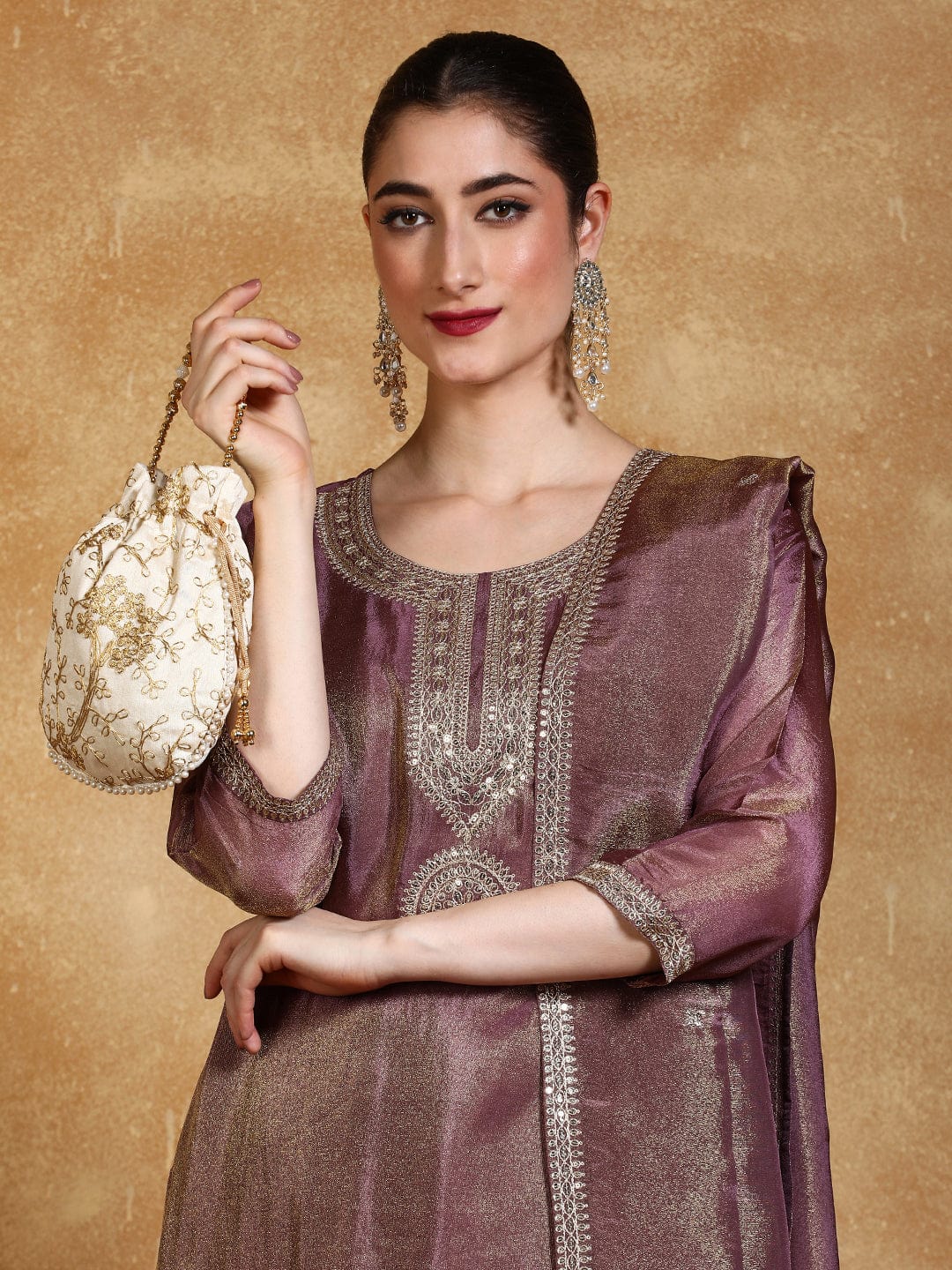 Zari Embroidered Yoke Kurta With Trouser And Dupatta