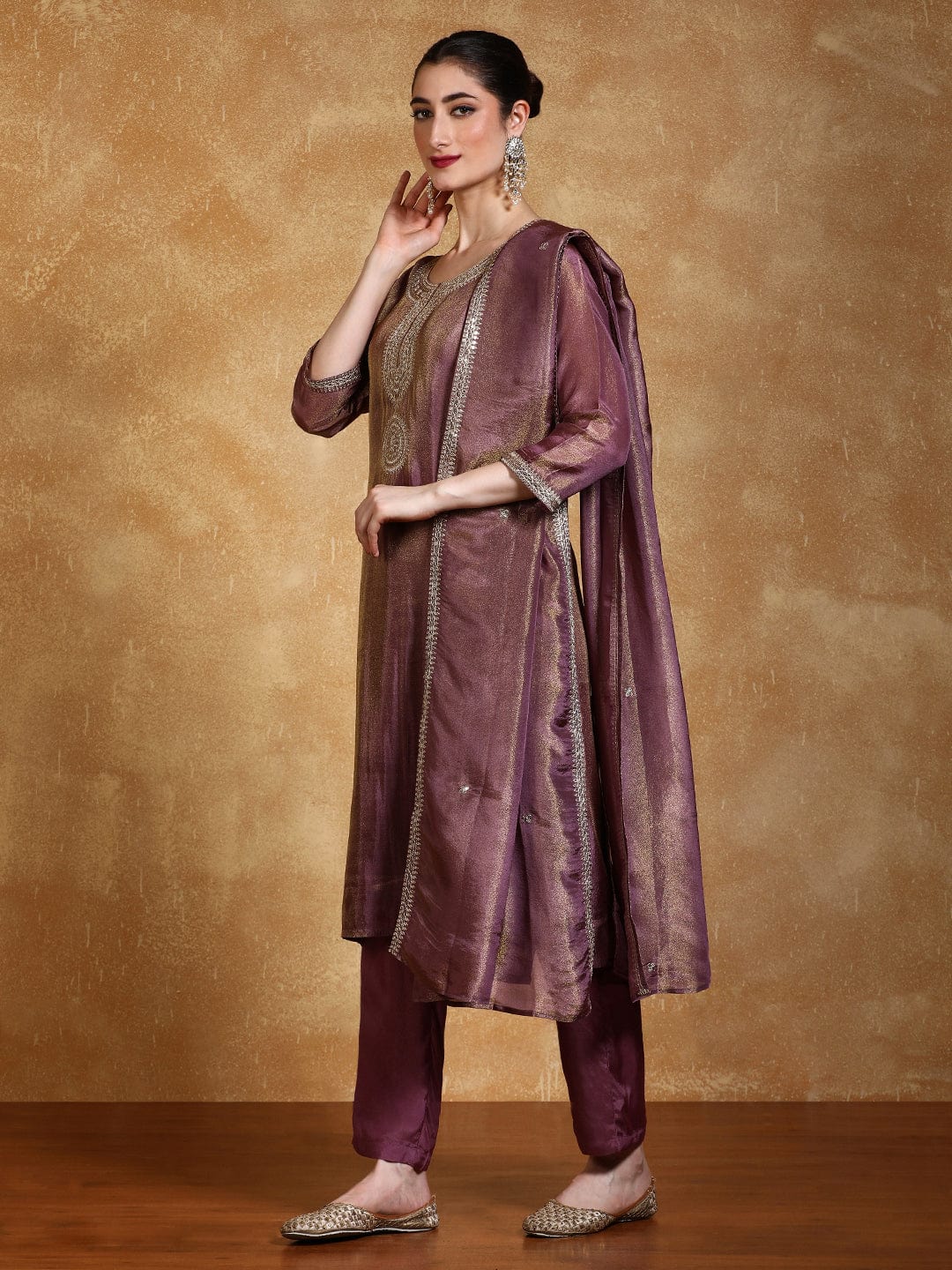 Zari Embroidered Yoke Kurta With Trouser And Dupatta