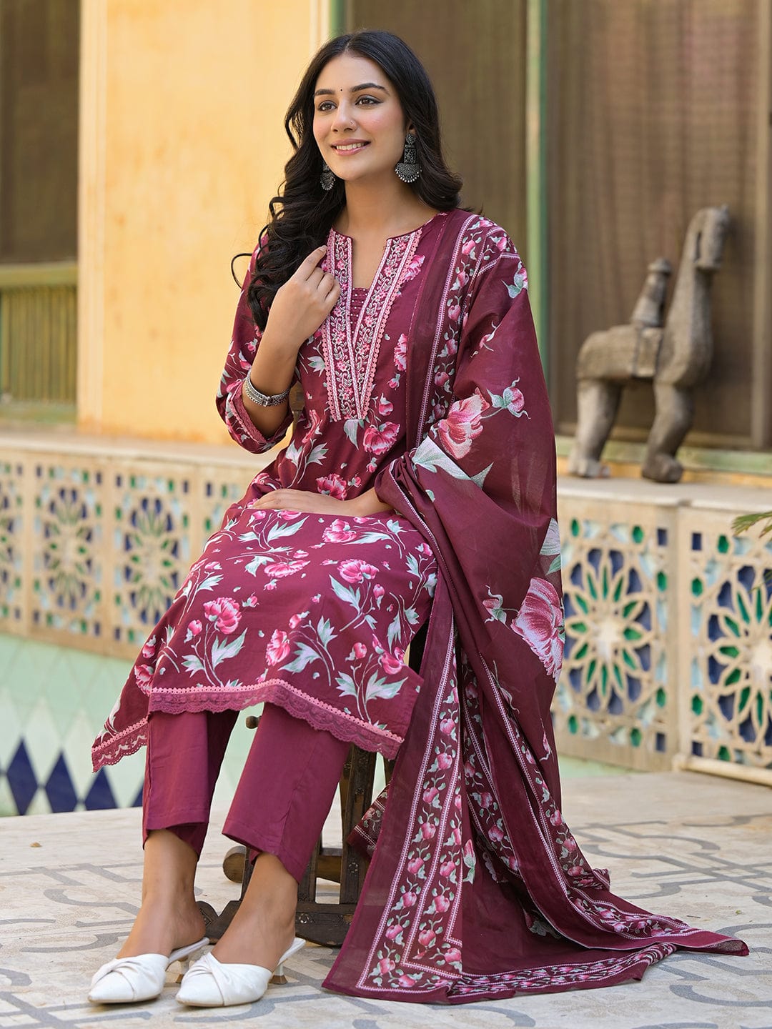 Floral Printed Detailed with Embroidered Placket Kurta with Trouser & Dupatta