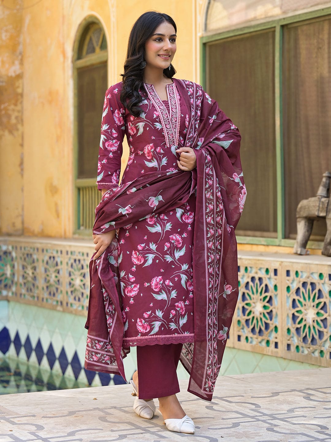 Floral Printed Detailed with Embroidered Placket Kurta with Trouser & Dupatta