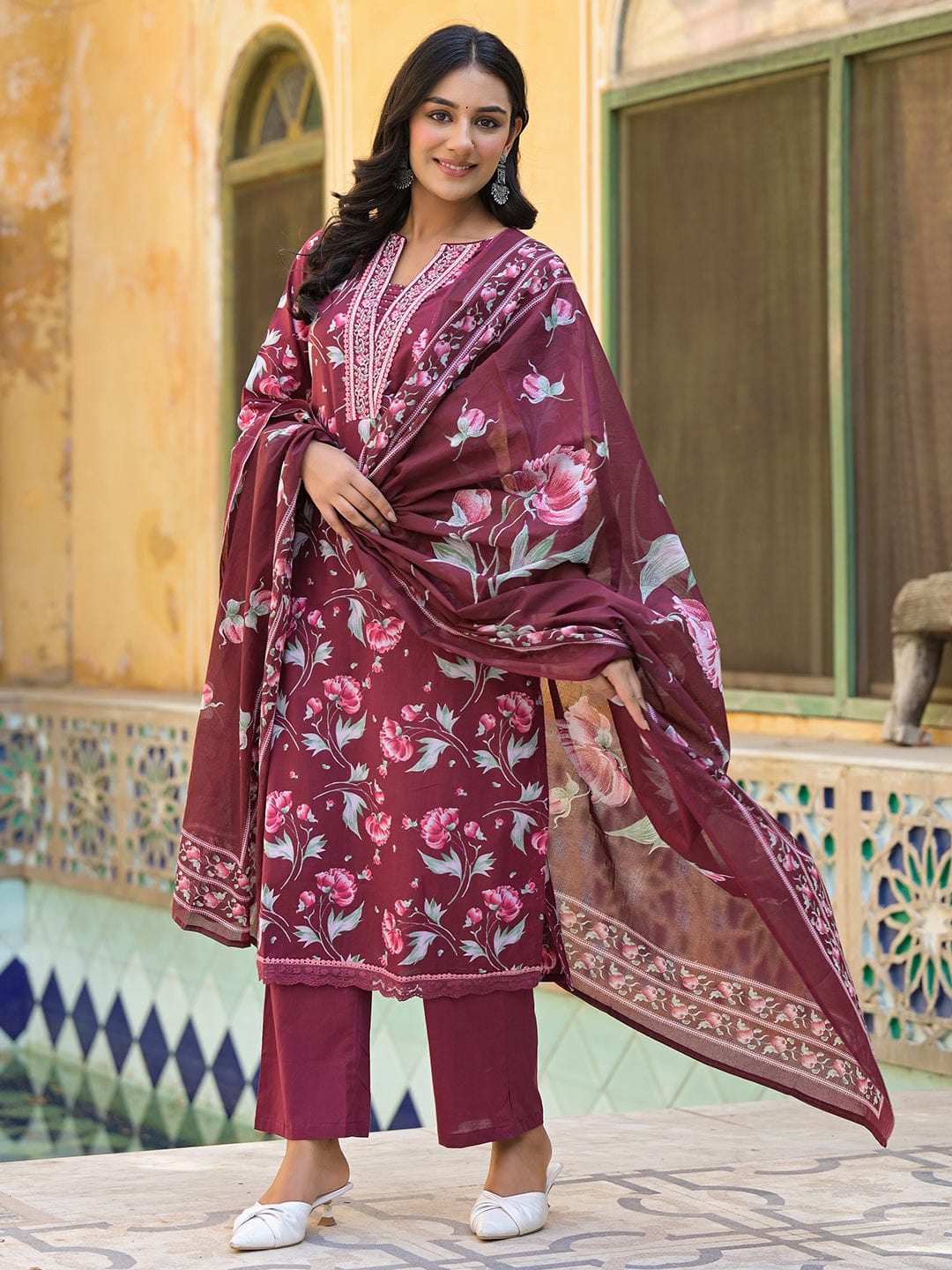 Floral Printed Detailed with Embroidered Placket Kurta with Trouser & Dupatta