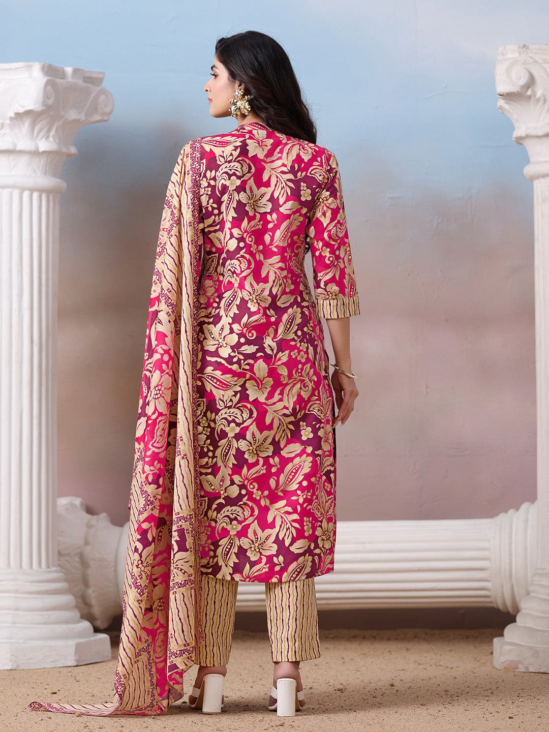 Floral Printed Kurta with Mirror Detailing Paired with Printed Trouser And Dupatta