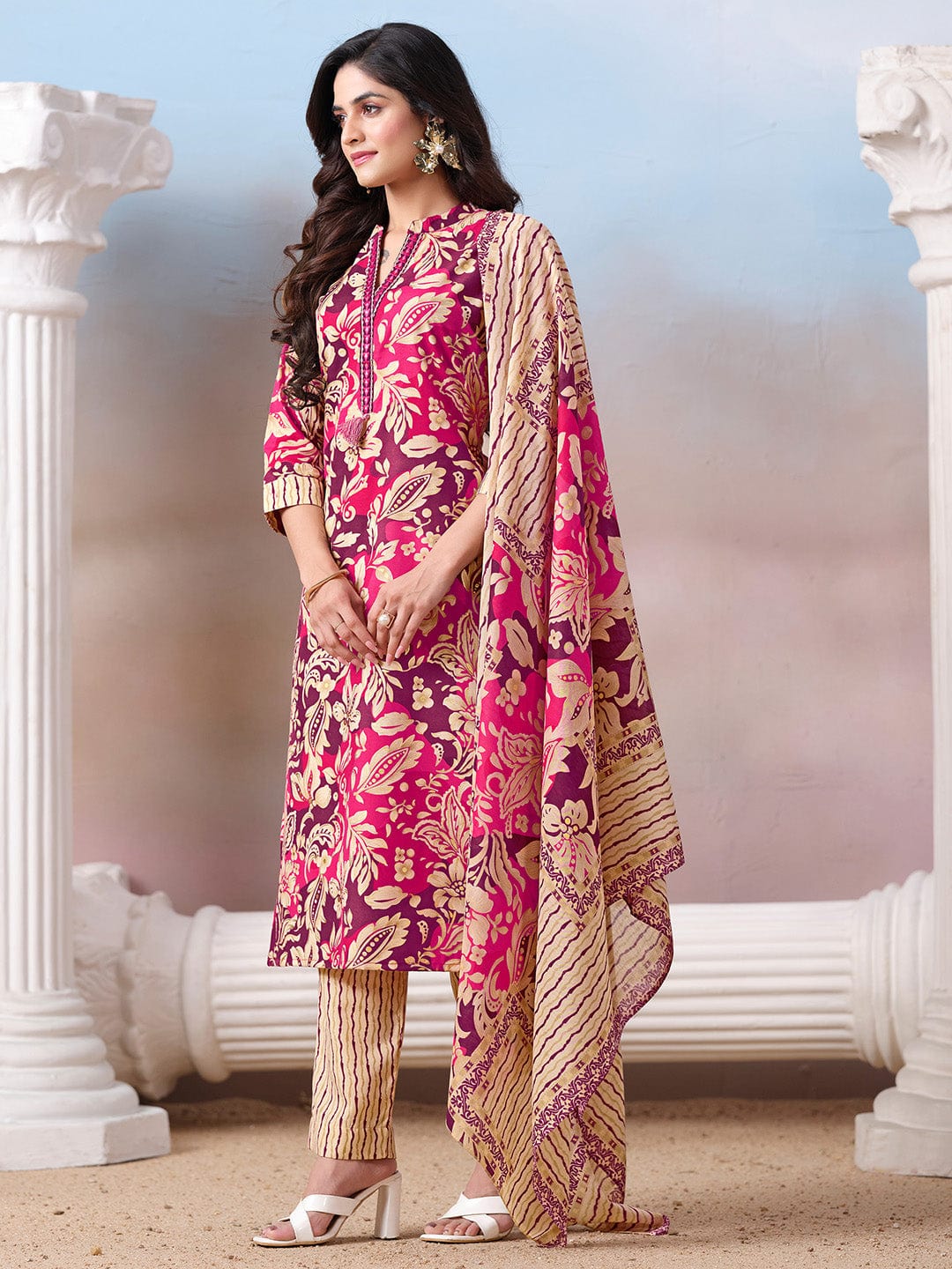 Floral Printed Kurta with Mirror Detailing Paired with Printed Trouser And Dupatta