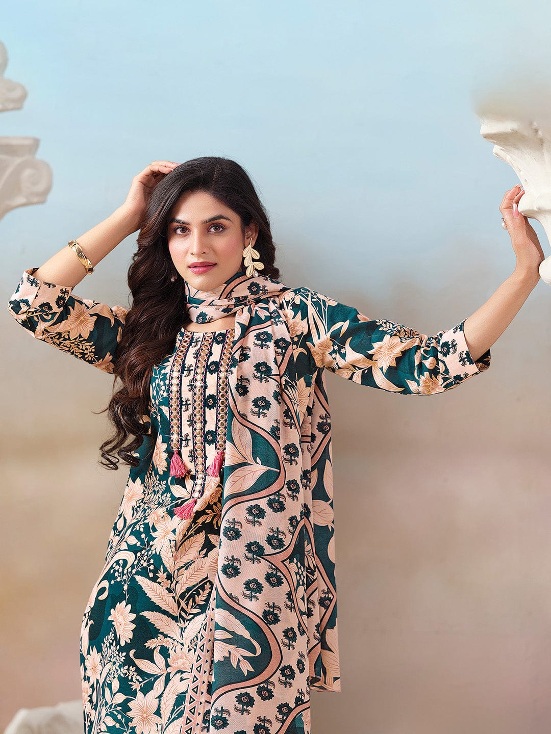 Floral Printed Kurta with Mirror Detailing Paired with Printed Trouser And Dupatta