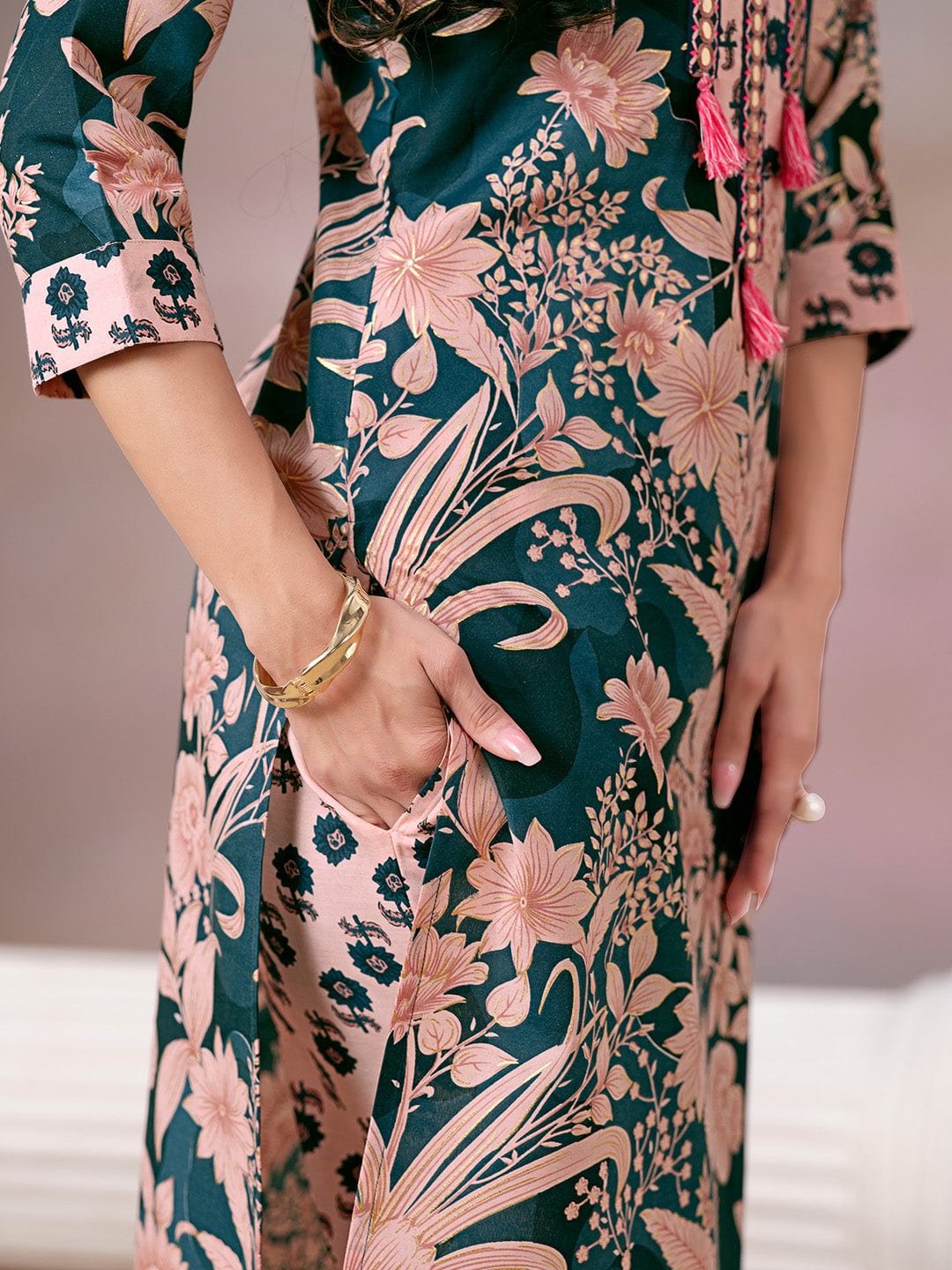 Floral Printed Kurta with Mirror Detailing Paired with Printed Trouser And Dupatta