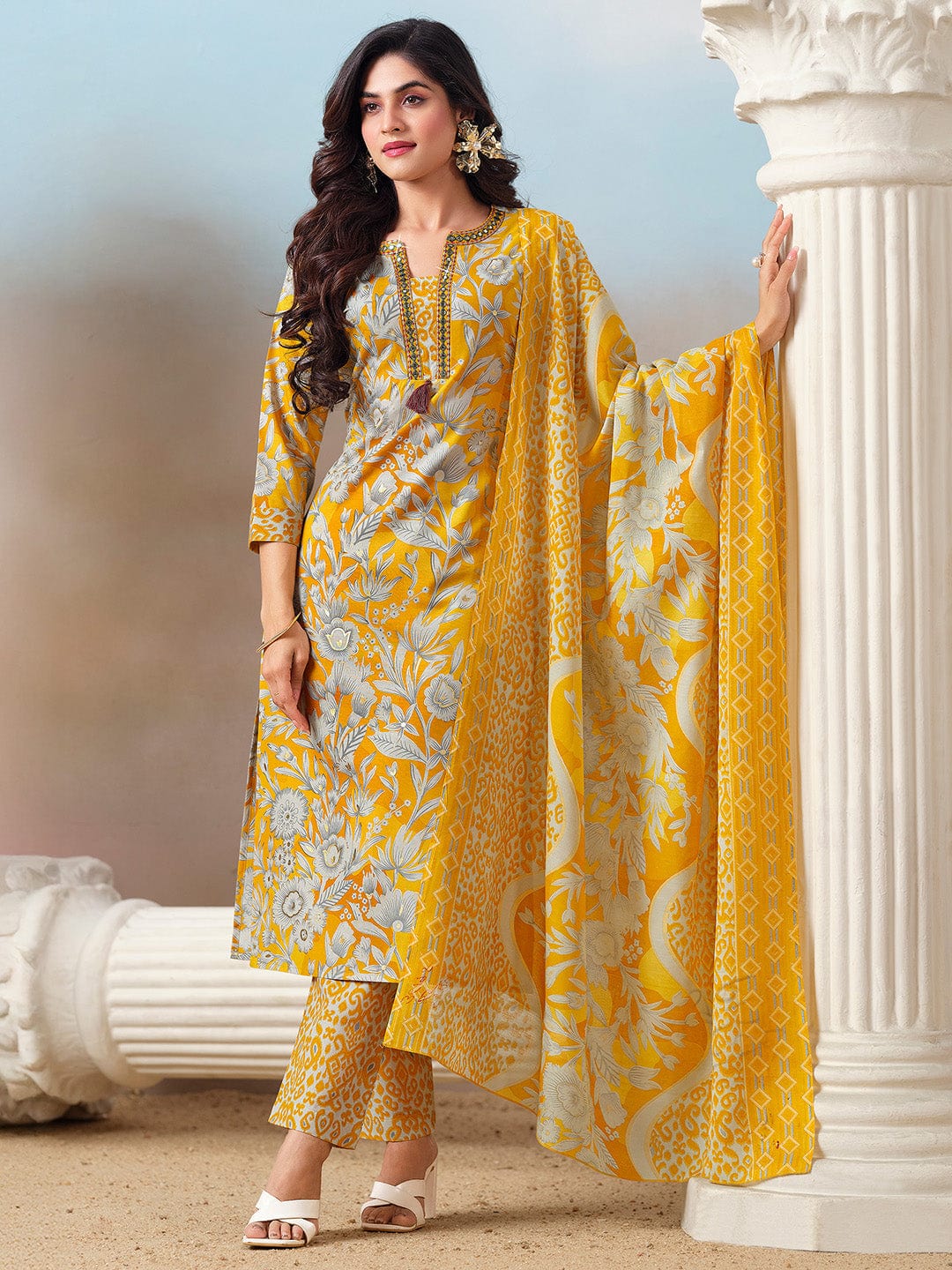 Floral Printed Kurta with Mirror Detailing Paired with Printed Trouser And Dupatta