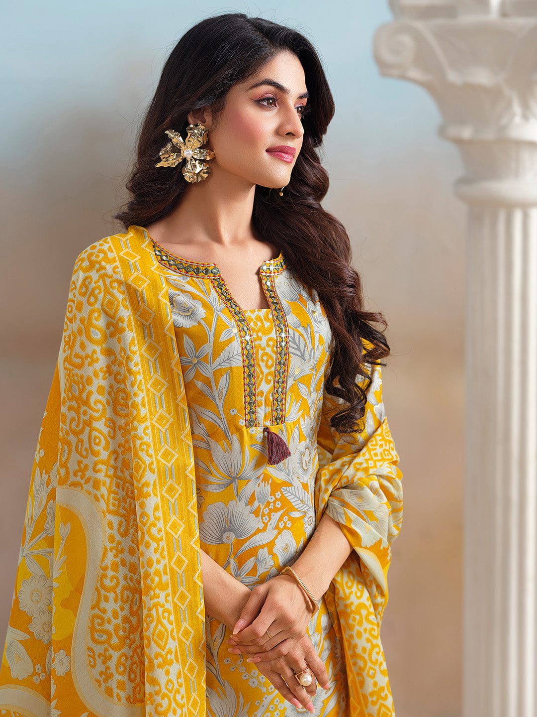 Floral Printed Kurta with Mirror Detailing Paired with Printed Trouser And Dupatta