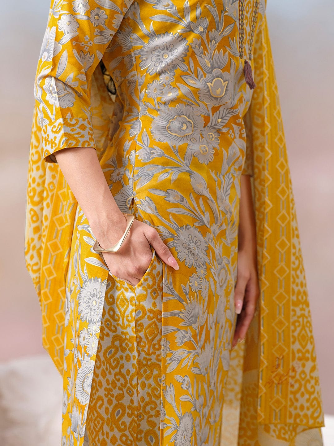 Floral Printed Kurta with Mirror Detailing Paired with Printed Trouser And Dupatta