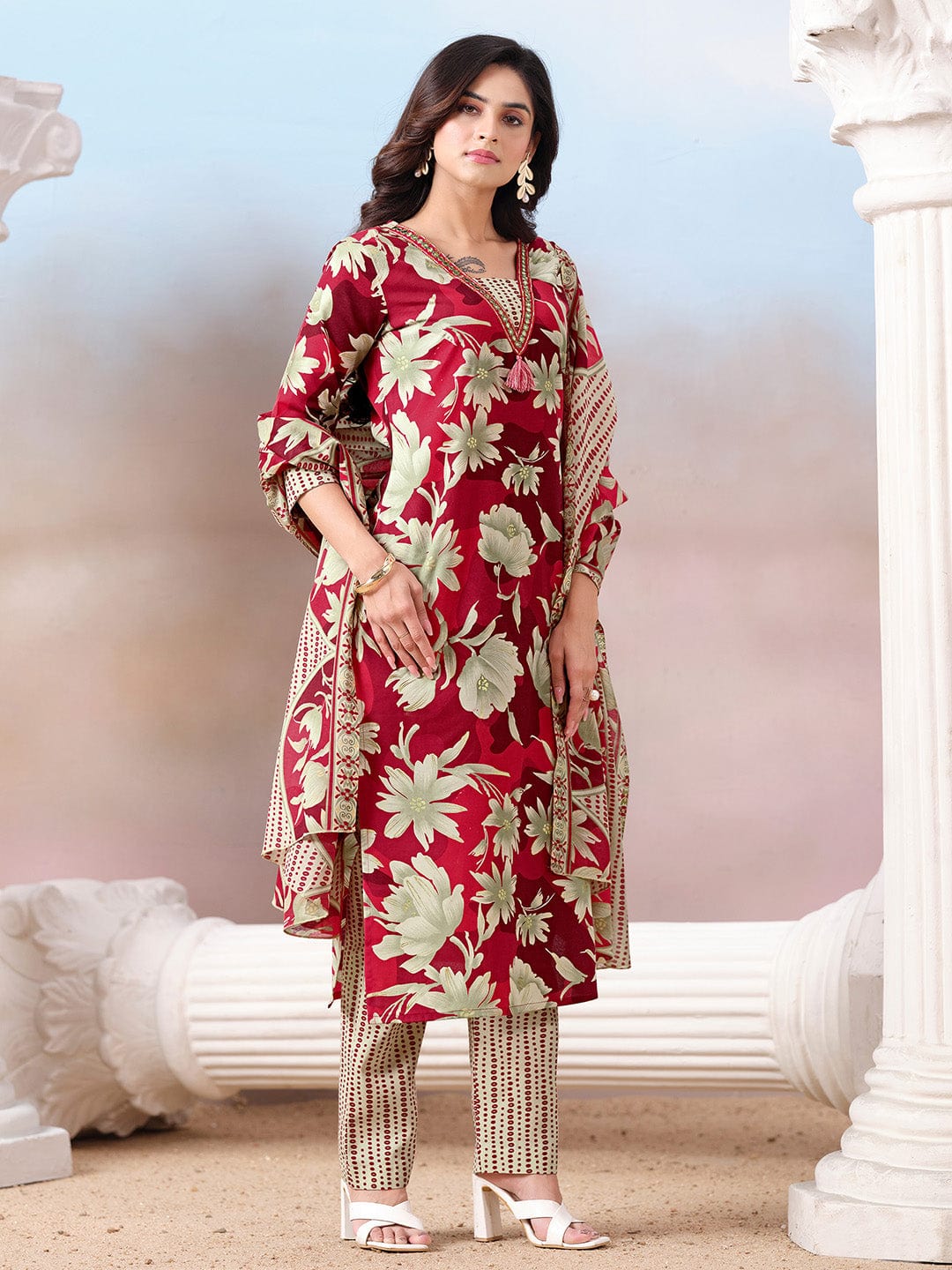 Floral Printed Kurta with Mirror Detailing Paired with Printed Trouser And Dupatta
