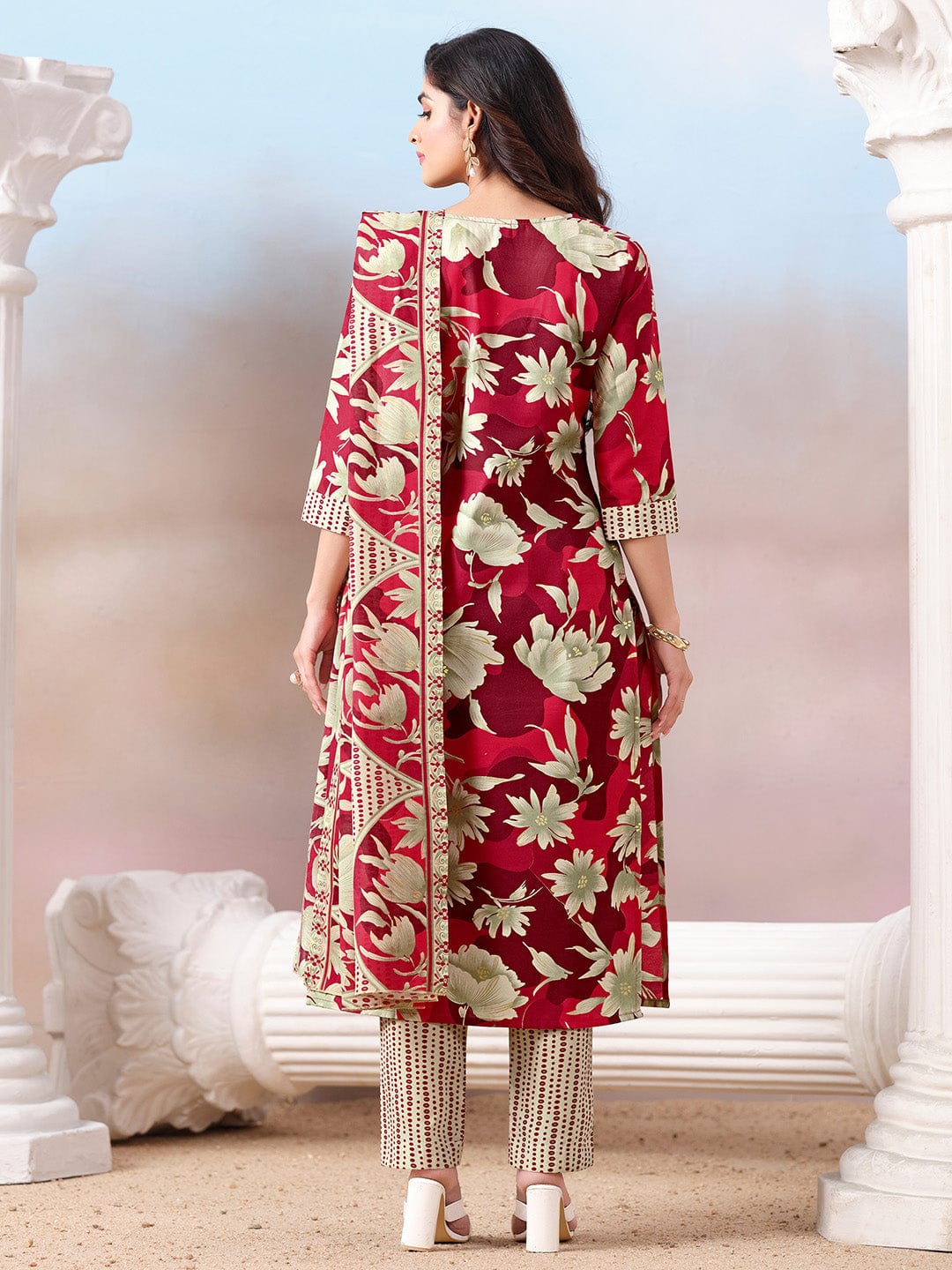 Floral Printed Kurta with Mirror Detailing Paired with Printed Trouser And Dupatta
